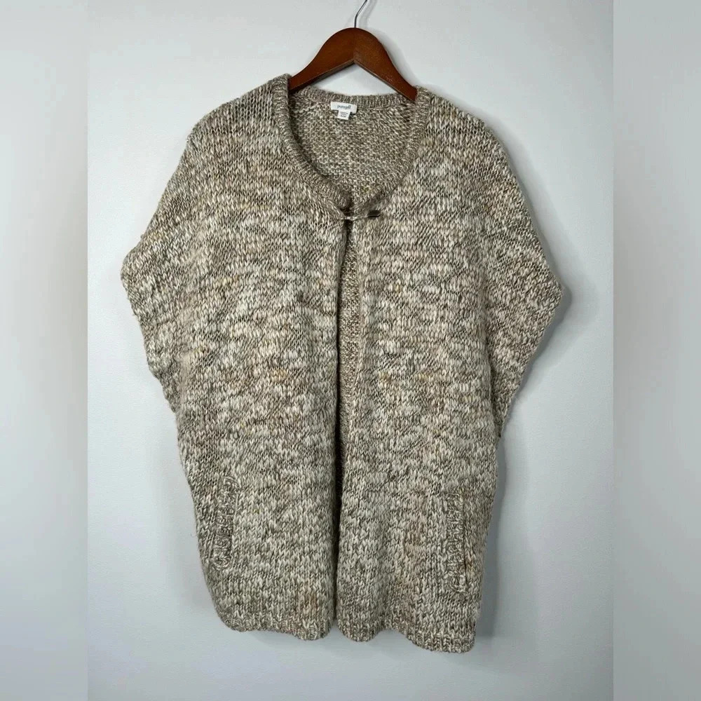J. Jill Tan White Wool Alpaca Chunky‎ Knit Longline Poncho Sweater Pin Closure